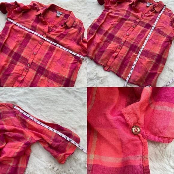 Catherines Linen Blend Plaid Button Up Shirt Top Pink Coral Gold size 1X - Picture 11 of 11